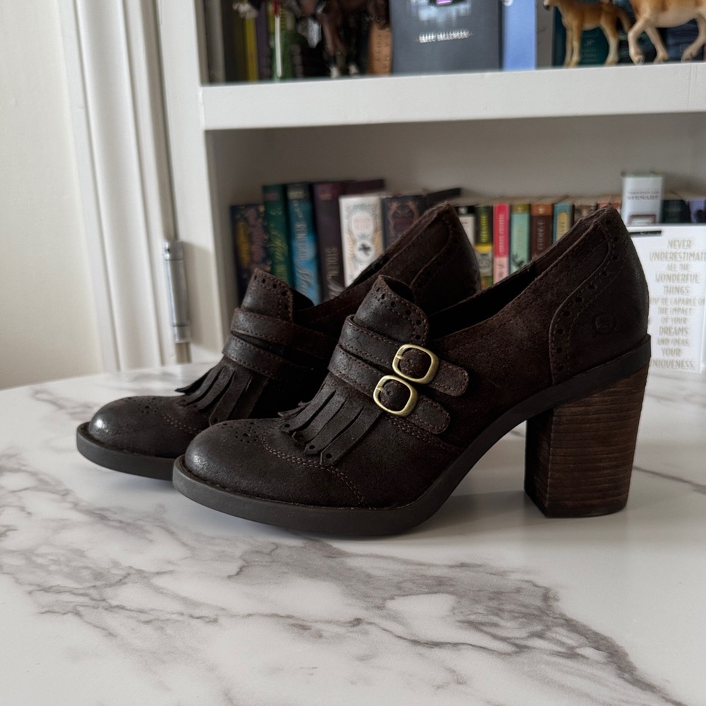 Born Hazel Suede Fringe Heeled Oxford Pumps